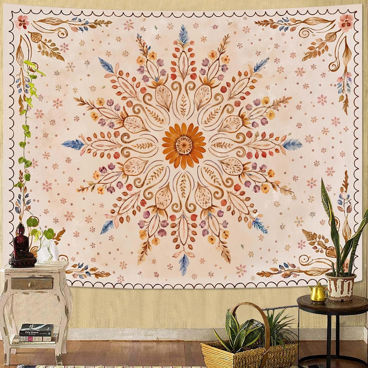 Fowocu Boho Floral Mandala Tapestry for Bedroom Aesthetic Watercolor Bohemian Flower Wall Tapestry Brown Beige Hippie Indian Extra Large Tapestries Wall Hanging for Living Room Dorm Decor 90 x 68 Inch