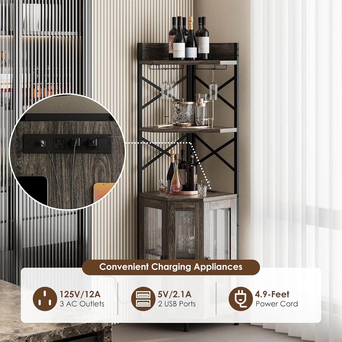Corner Bar Cabinet with Power Outlet, 5-Tier Corner Wine Cabinet with Led Strip and Glass Holder, Industrial Tall Liquor Cabinet Bar Wine Rack for Home, Grey Oak
