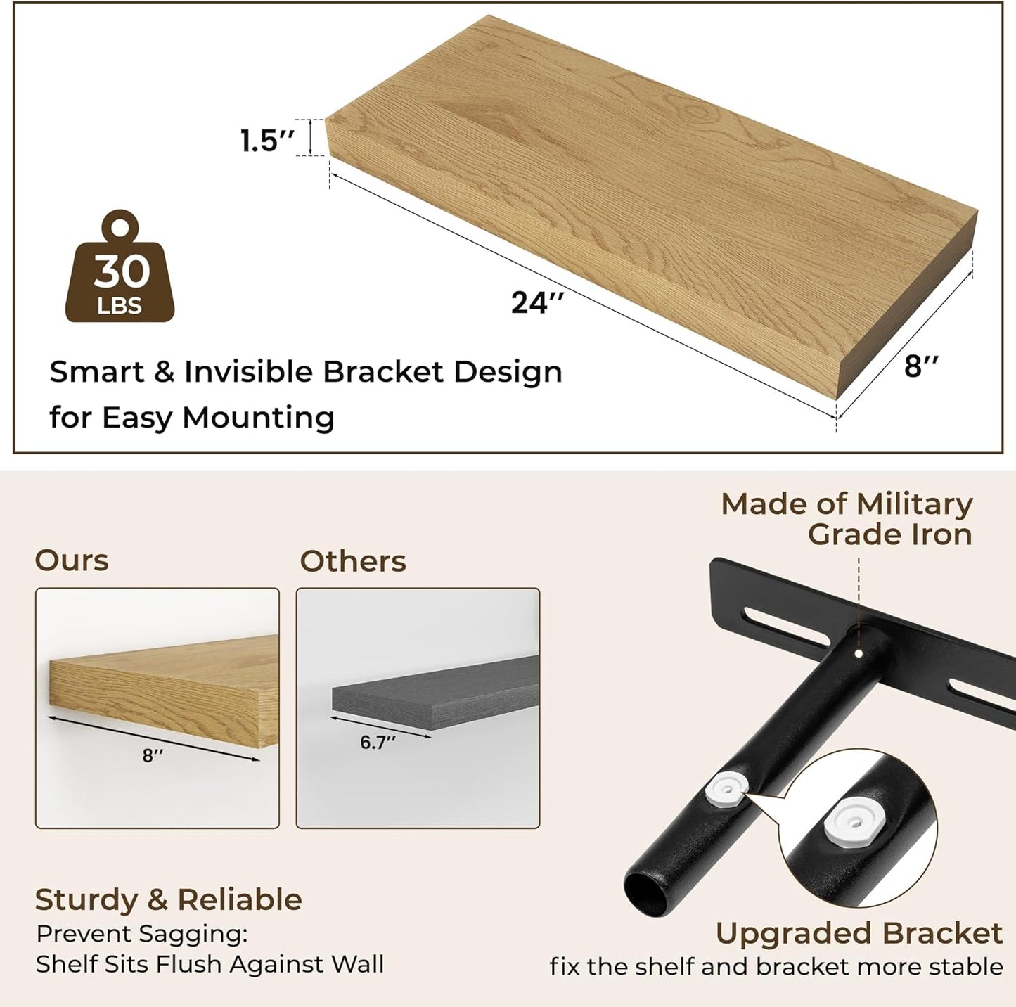 RICHFOCUS 24Inch Floating Shelves for Wall 2 Pack Shelves for Bedroom|Kitchen|Bathroom Wall Mounted Rustic Wood Floating Shelf with Invisible Brackets for Books|Storage|Decor, Oak
