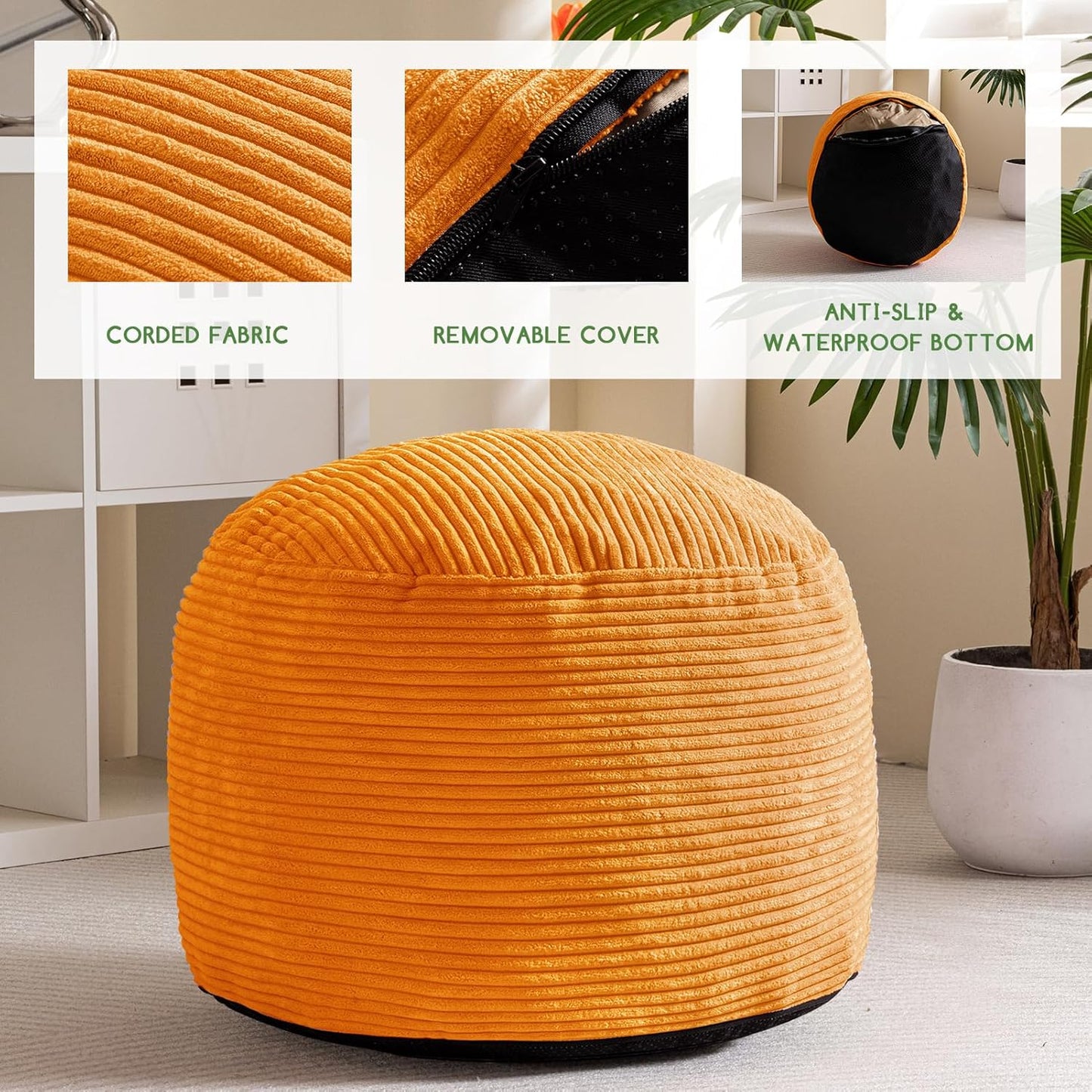 HIGOGOGO Round Stuffed Pouf Ottoman, Corduroy Poufs with Foam Chunk Filling, Furry and Fluffy Pouf Foot Stool Storage Ottoman, 26 X 18 Floor Poufs Foot Rest for Living Room, Orange