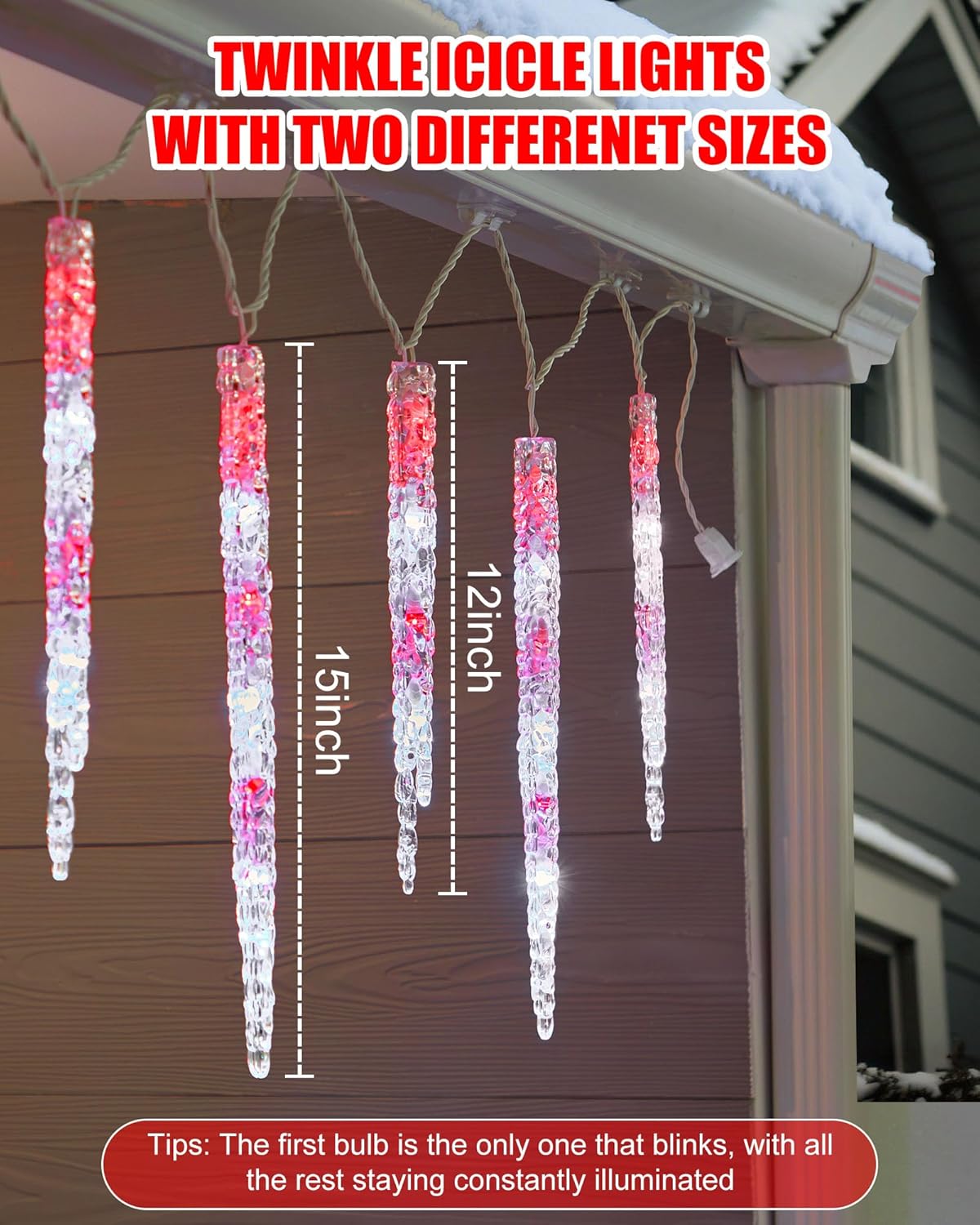 Minetom Icicle Lights Outdoor with Clips, 20ft 100 LED 20 Tubes Twinkling Crystal Icicle String Lights, Connectable Waterproof Hanging Christmas Decorations Plug in for Outdoor, Red and White