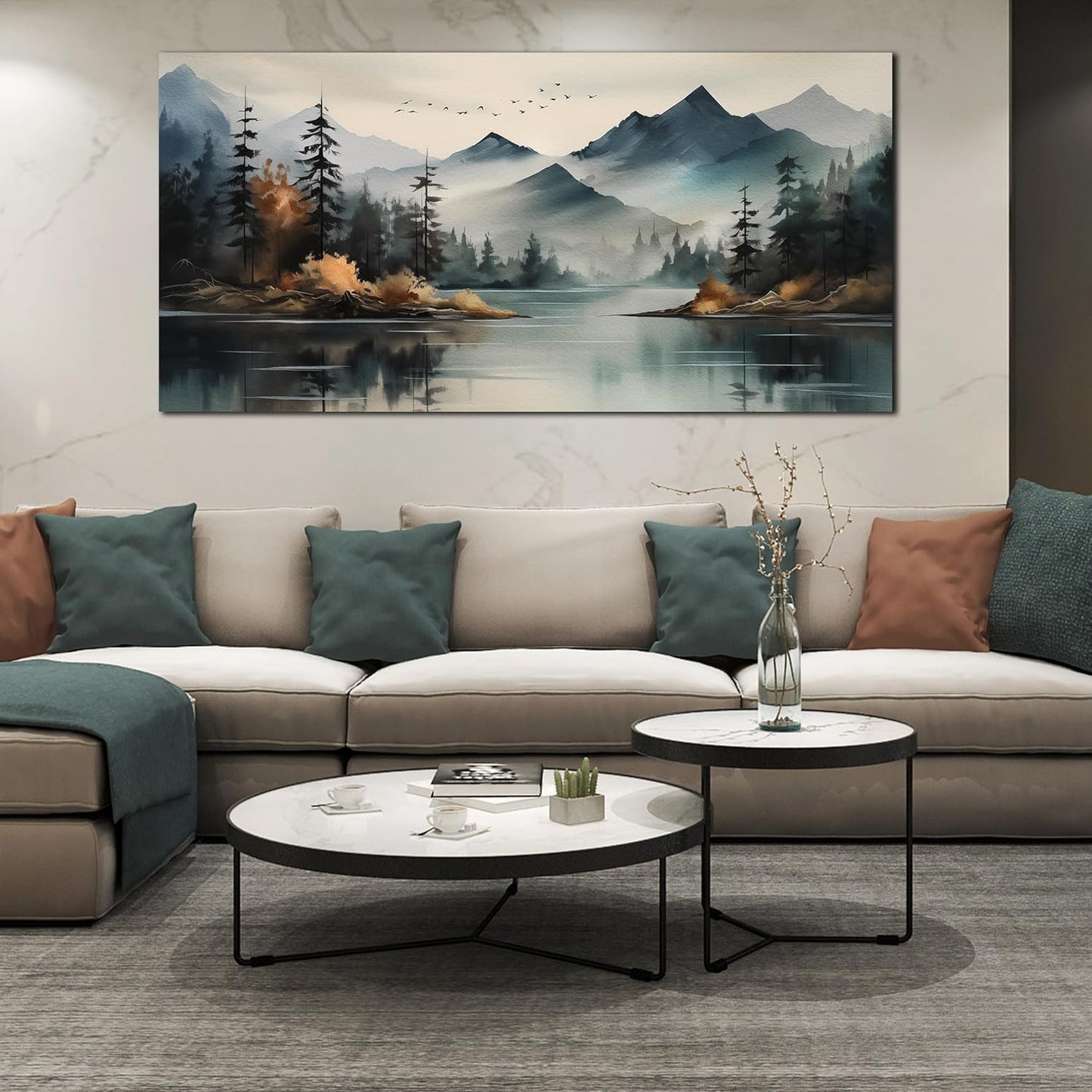 Rustic Wall Art for Living Room Large Size Teal Mountain Tree Landscape Canvas Wall Art for Bedroom Office Decor 29 x 59 Inch