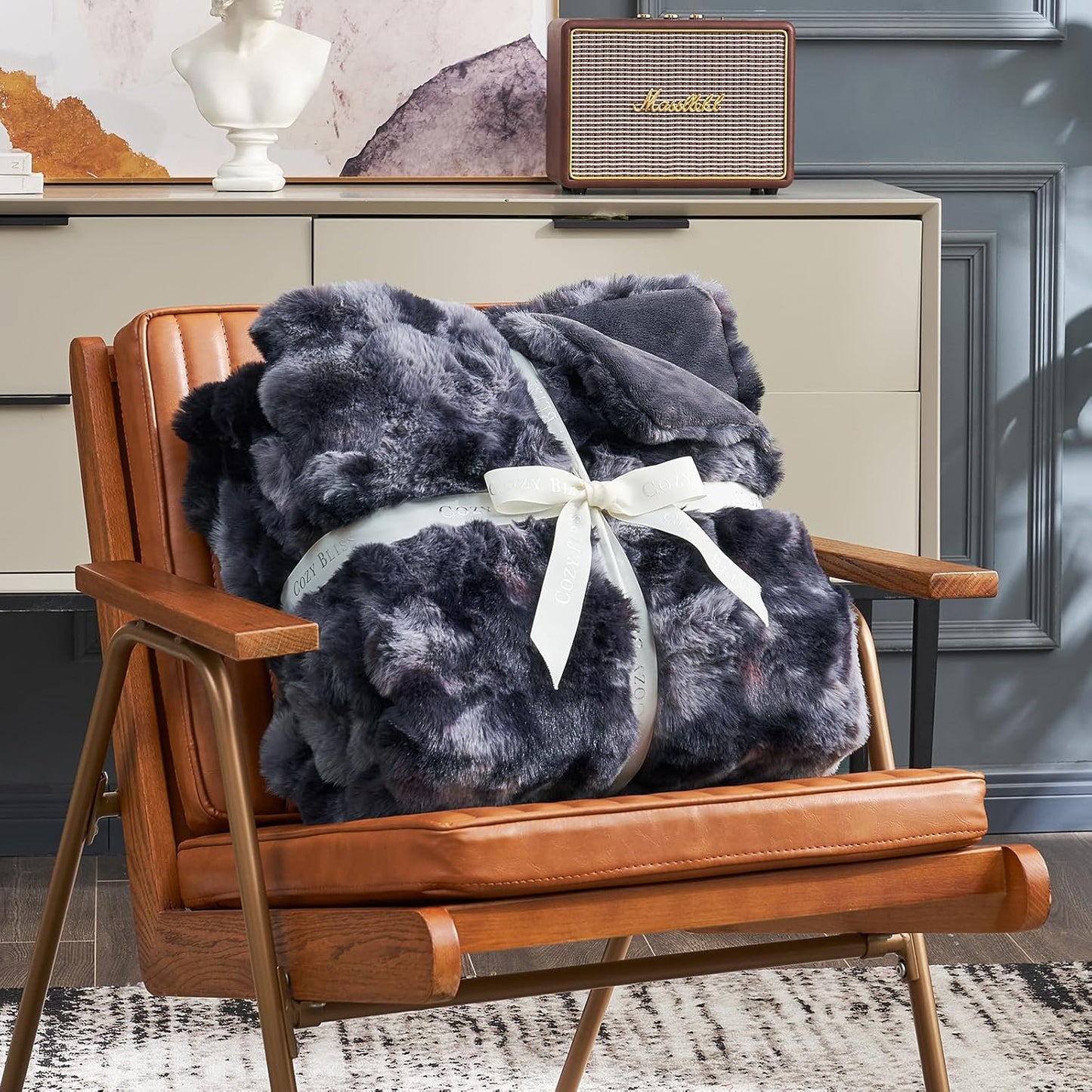 Cozy Bliss Faux Fur Throw Blanket for Couch, Fuzzy Soft Plush Thick Bubble Blanket for Sofa Bedroom Living Room,50 * 60 Inches Tie Dye Black