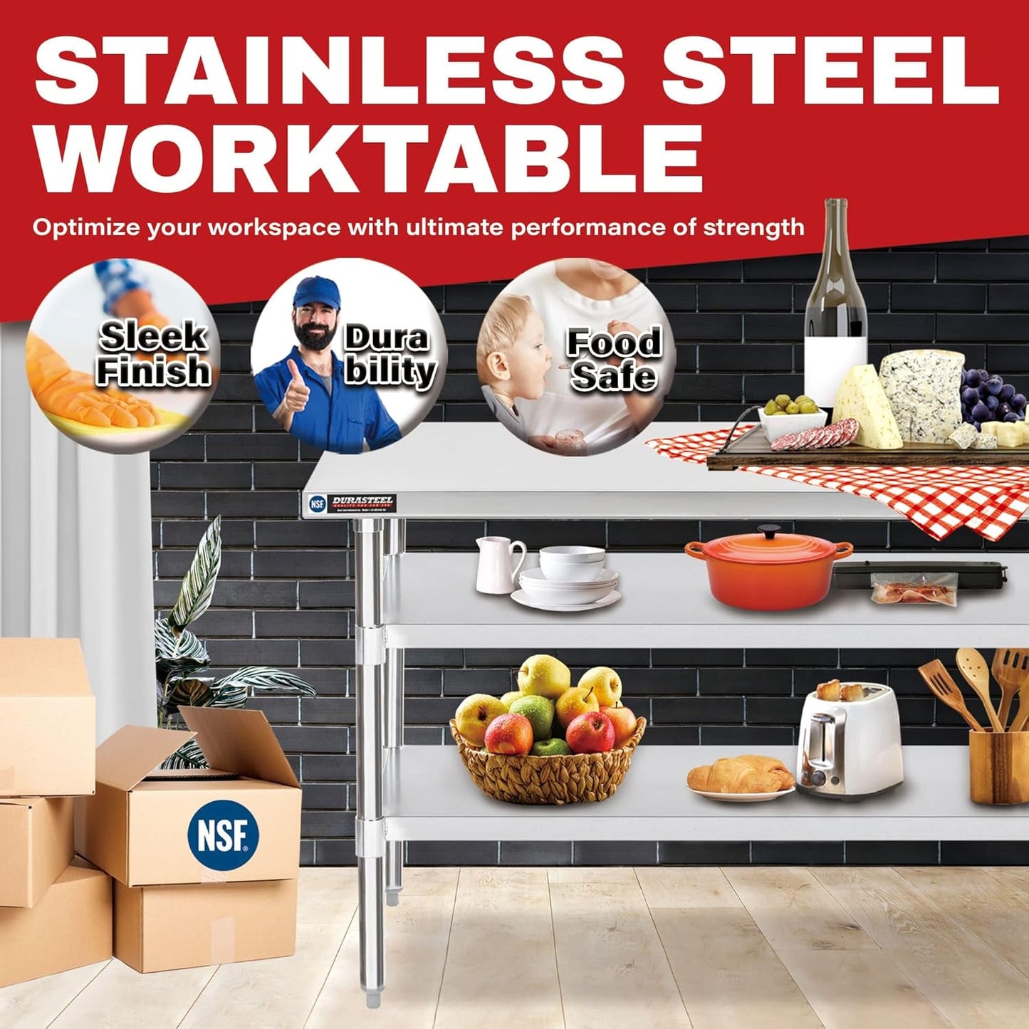 DuraSteel Food Prep Stainless Steel Table - 30 x 72 Inch Commercial Metal Workbench with Adjustable Under Shelf - NSF Certified - for Restaurant, Warehouse, Home, Kitchen, Garage