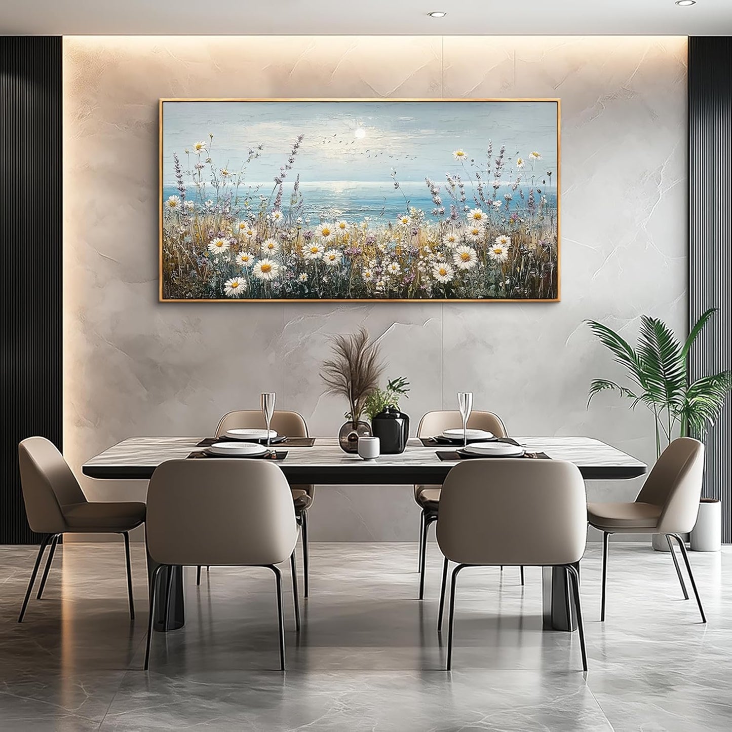 PHAOHUAXM Large Canvas Printing Artworks Mural Wall Decor For Living Room Wall Art For Bedroom Office Decor Blue Ocean Paintings Flowers Watercolour Wall Pictures Home Decor Wood Framed 30x60 In