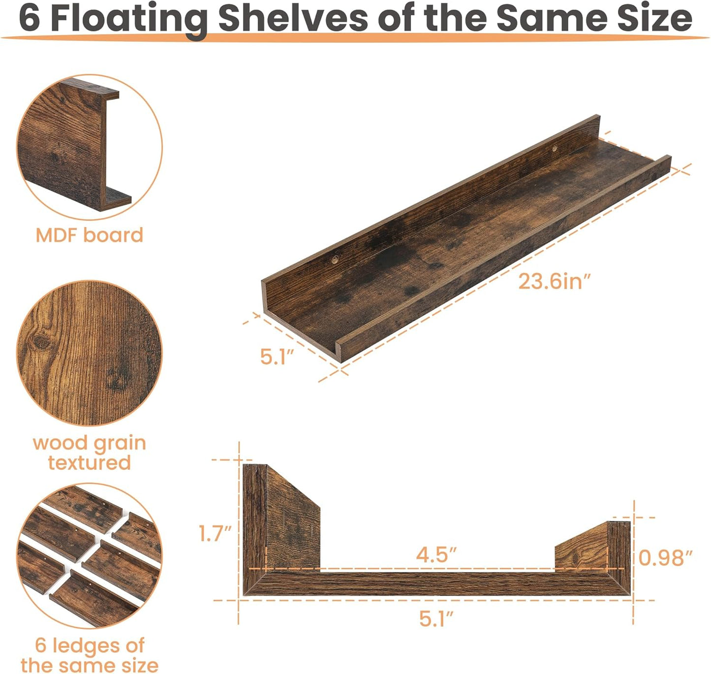 upsimples Floating Shelves for Wall, Wall Shelves for Decor Storage Set of 6, Wall Mounted Wood Shelf for Bedroom, Living Room, Bathroom, Kitchen, 23.6 inch Long Picture Ledge Shelf, Brown