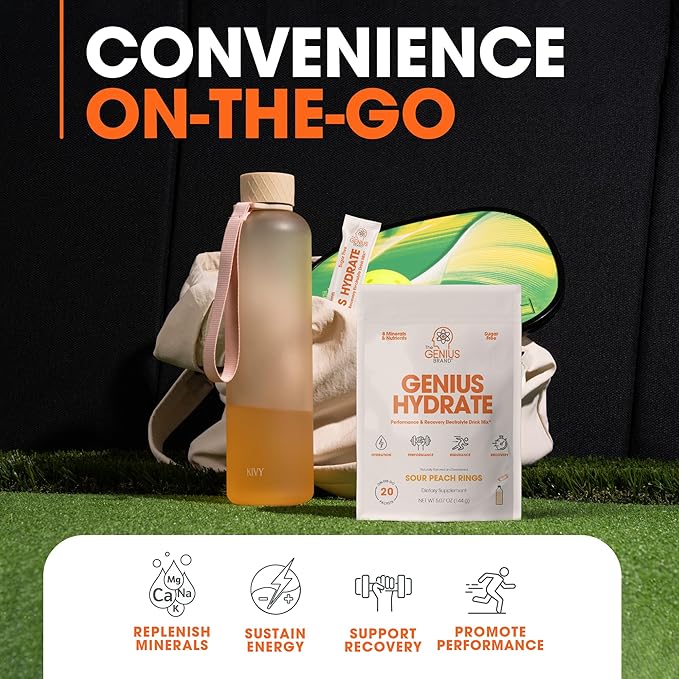 Genius Hydrate Stick Pack Powder Drink Mix - Sour Peach Rings Flavor, Natural Electrolyte Booster with Coconut Water & Potassium for Ultimate Hydration -20 Packets
