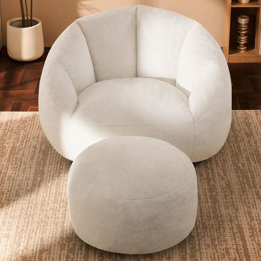 Giant Bean Bag Chaise Lounge Indoor Chair for Adults - Comfy Plush Round Shell Soft Accent Chair, Oversized Cozy Floor Sofa for Living Room, Bedroom & Game Rooms, Beige
