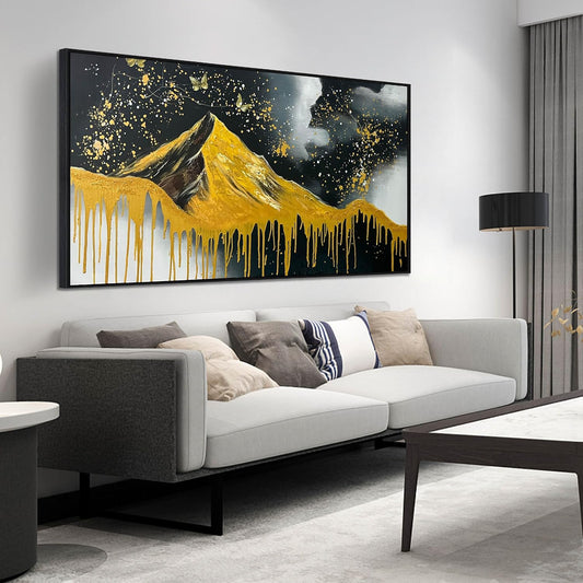 Gold Mountains Painted Wall Art for Living Room - Hand Painted Abstract Wall Art for Office - Black Framed Wall Art for Bedroom Size 29" x 59"
