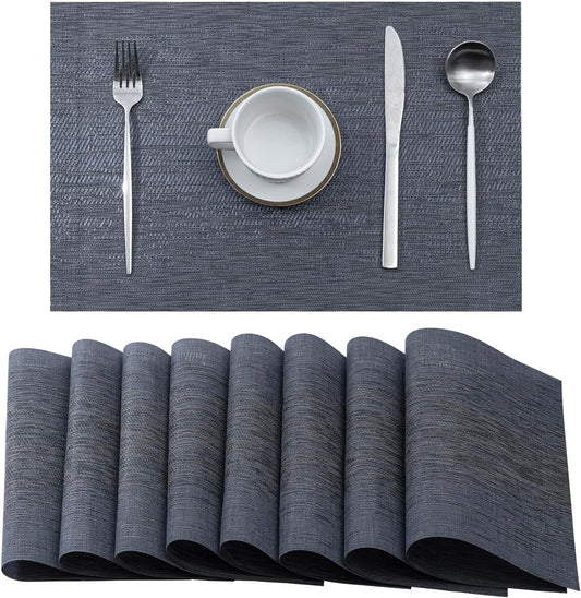 Leetaltree Denim Blue Placemats Set of 8 - Heat Resistant Non-Slip Place mats for Dining Table, Washable Durable PVC Vinyl Woven Table Mats（Denim Blue, 8）