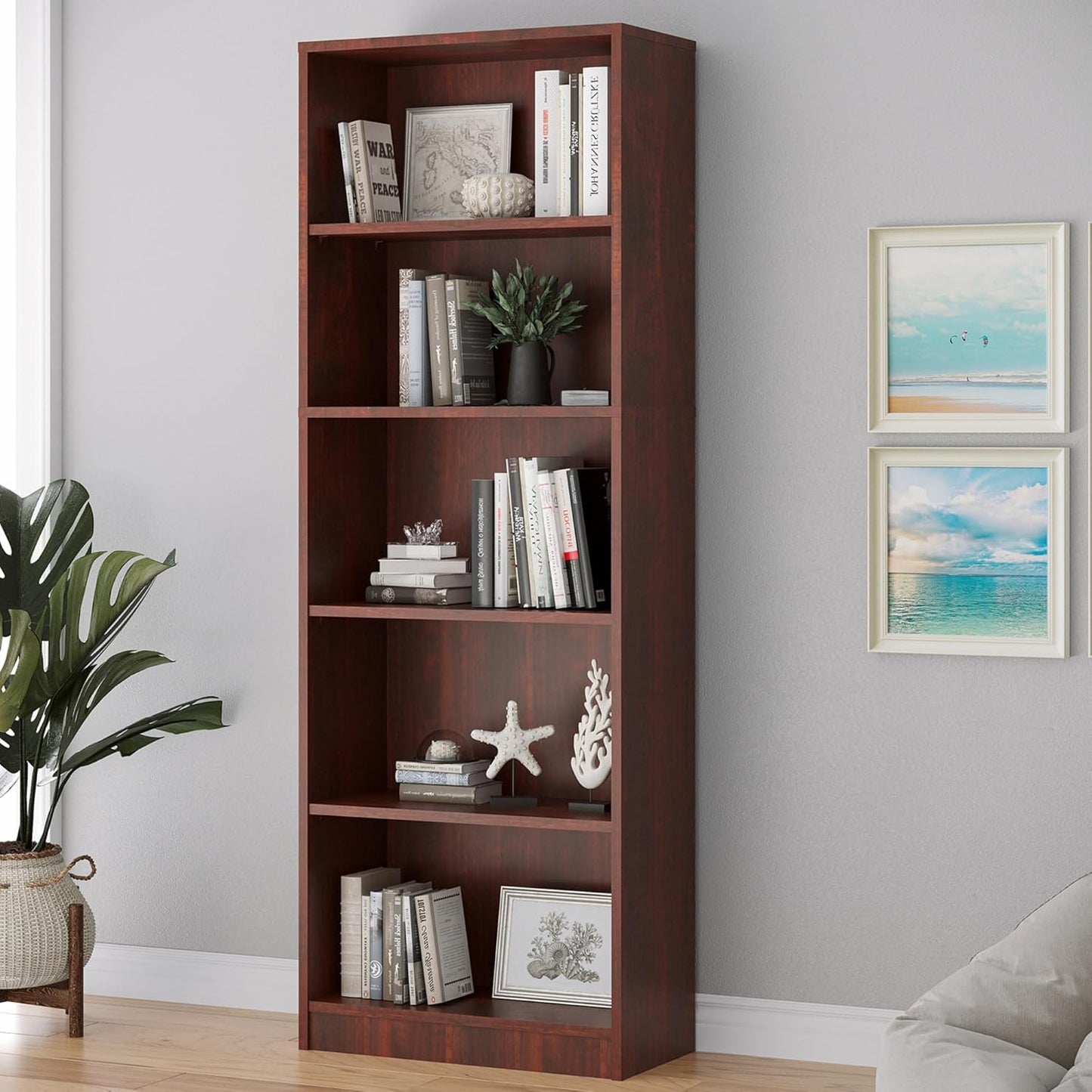 Bookshelf, Open Modern Bookshelf, 5 Shelf Bookcase with Freestanding Display Storage, Wooden Book Shelf for Bedroom, Living Room, Dinning Room, Office,Brown