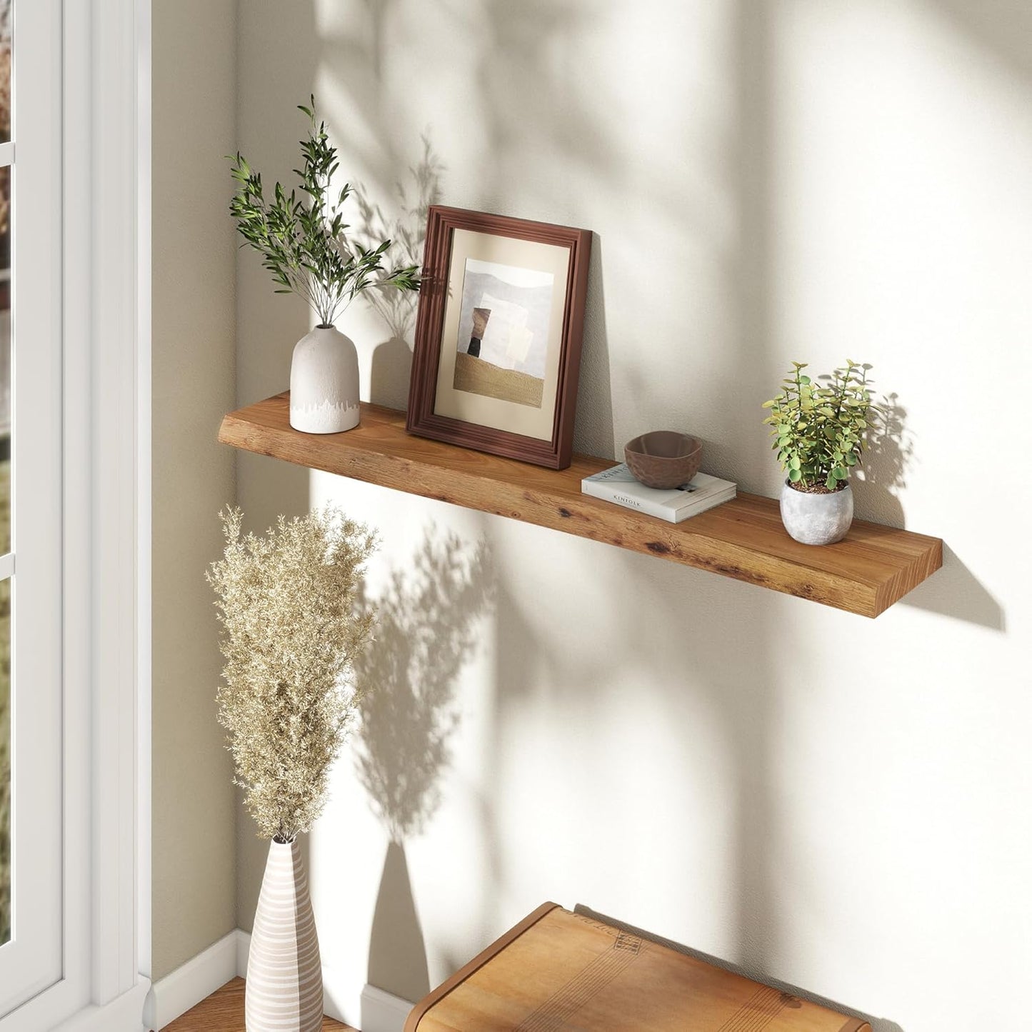 Fun Memories 48" Floating Shelves for Wall, Live Edge Solid Elm Wood Floating Shelf with Invisible Bracket, Wall Mounted Display Wooden Shelves for Bathroom, Kitchen, Bedroom, Natural Color, Set of 1