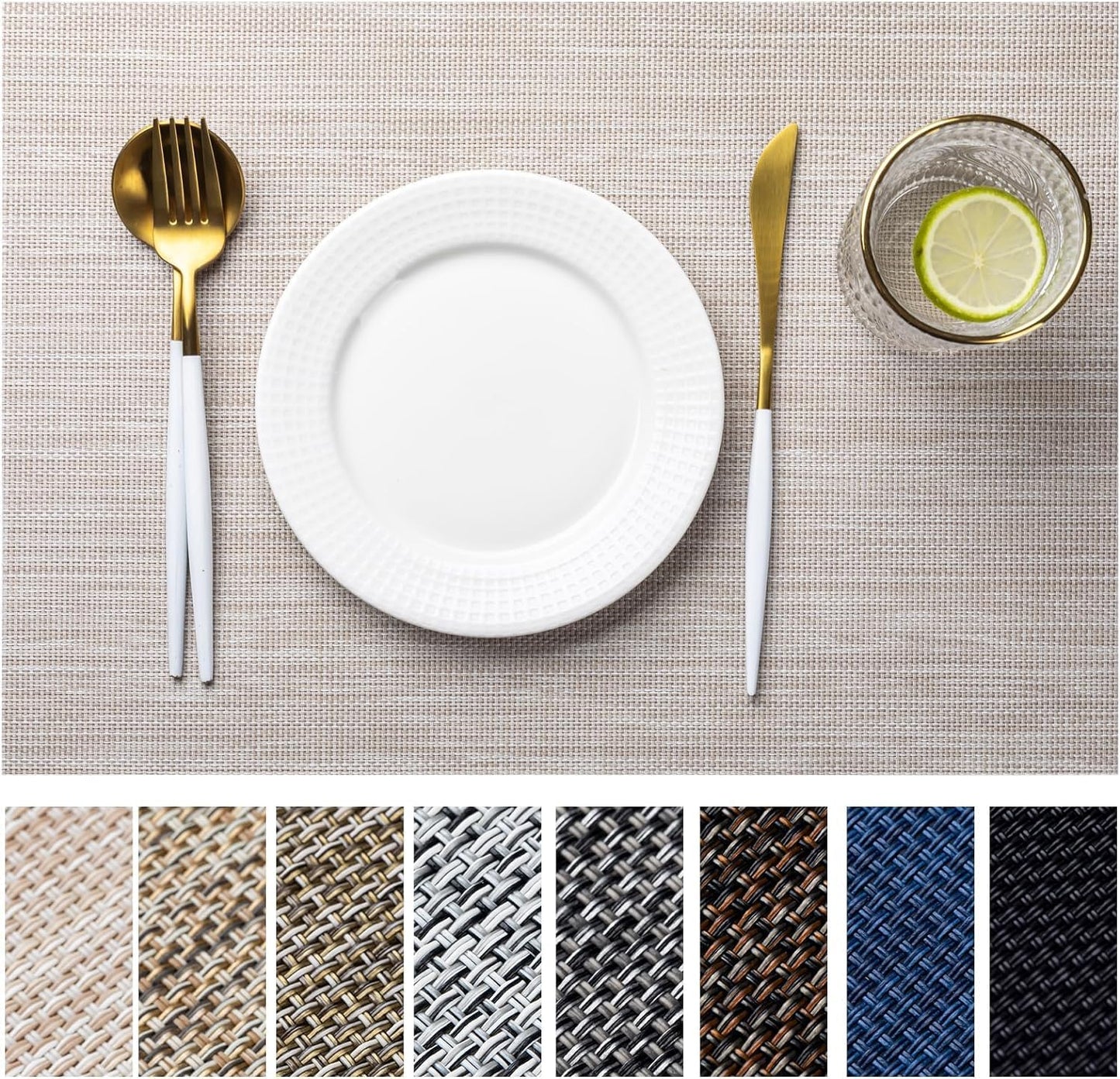 LEXMORE Placemats Set of 8 Vinyl/Plastic Woven Place Mats for Kitchen Table Indoor/Outdoor Washable Placemat Wipeable Dining Table Mats(A-Beige White)