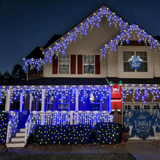 YEGUO 33ft 400 LED Blue and White Icicle Lights Outdoor Waterproof, 80 Drops Icicle String Lights Connectable, 8 Modes Icicle Christmas Lights with Memory Timer