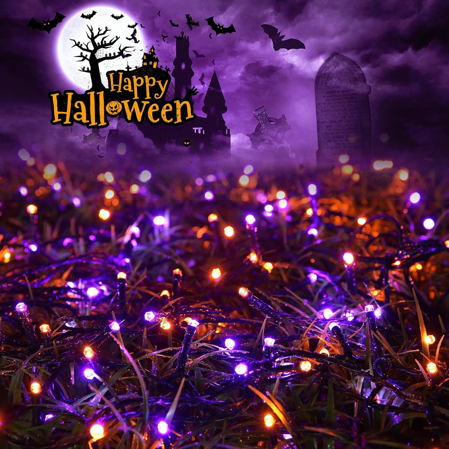 Joomer 2 Pack Orange Purple Halloween Solar String Lights Total 144 FT 400 LED 8 Modes Waterproof Solar Halloween Lights Outdoor for Halloween Decorations