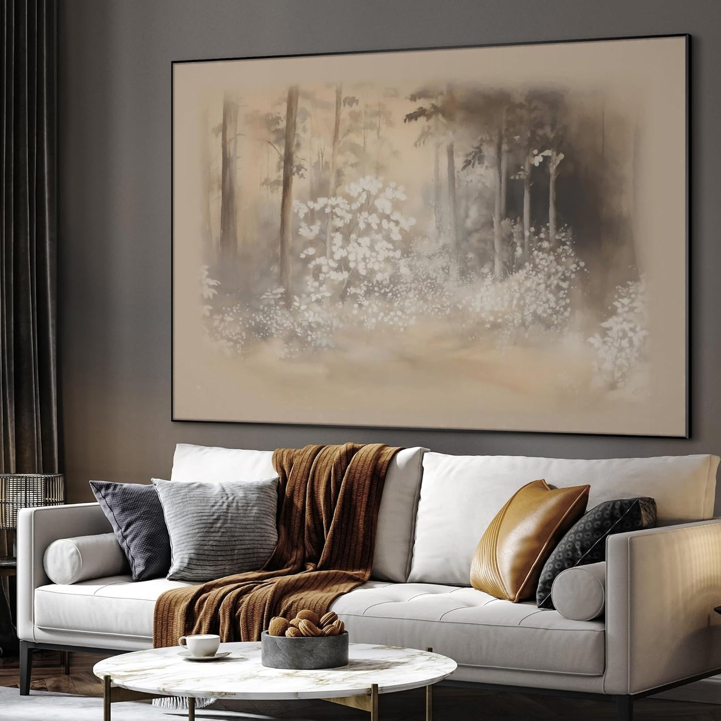 SIGNWIN 60"x72" Extra Large Framed Wall Art Misty Forest in Sepia Tones, Watercolor Woodland Landscape for Home Living Room Bedroom Decor (Frame Assembly Required)