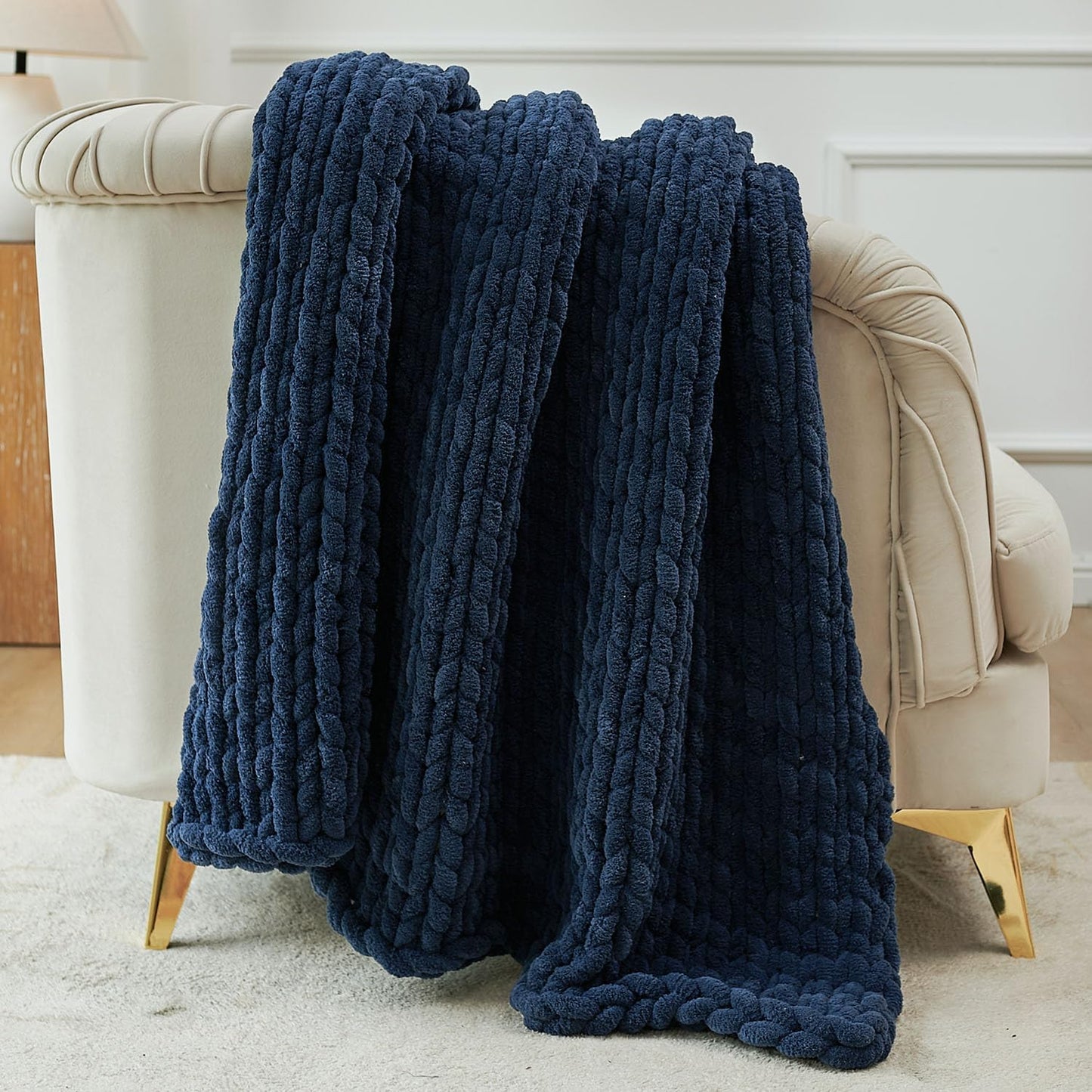 Esterra Chunky Knit Throw Blanket Newly Upgraded Heavy Tighter Version, Handmade Chenille Throw Super Soft, Thick Yarn Cable Knit Crochet Throw Blanket for Couch Bed Sofa, 50"x60", Navy Blue