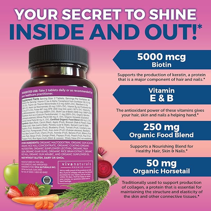 Organic Biotin Vitamins for Hair Skin 5000mcg to 120 Biotin