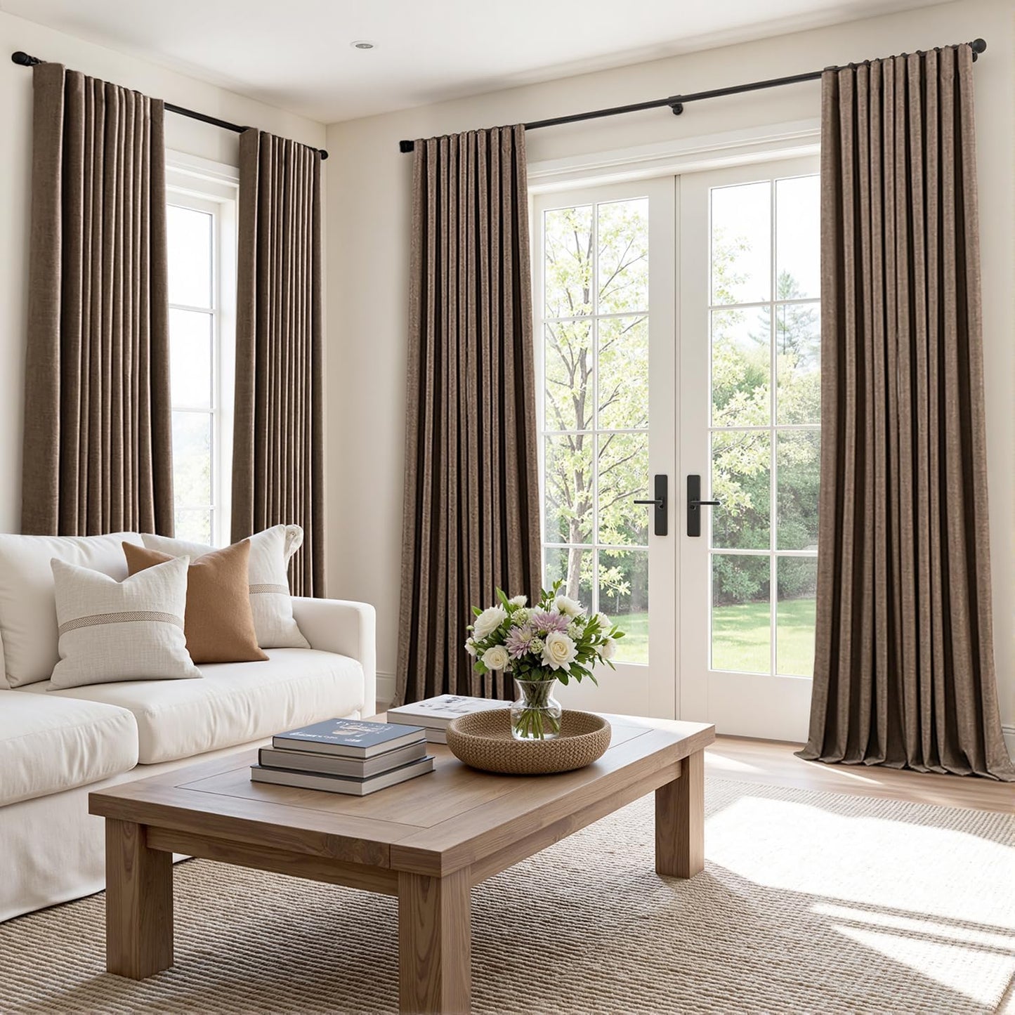 MIULEE 100% Blackout Curtains 96 Inch Long 2 Panels Set for Bedroom, Thick Faux Linen Black Out Curtain Room Darkening Back Tab Pleat Window Textured Drapes with Hooks for Living Room, Dutch Cocoa