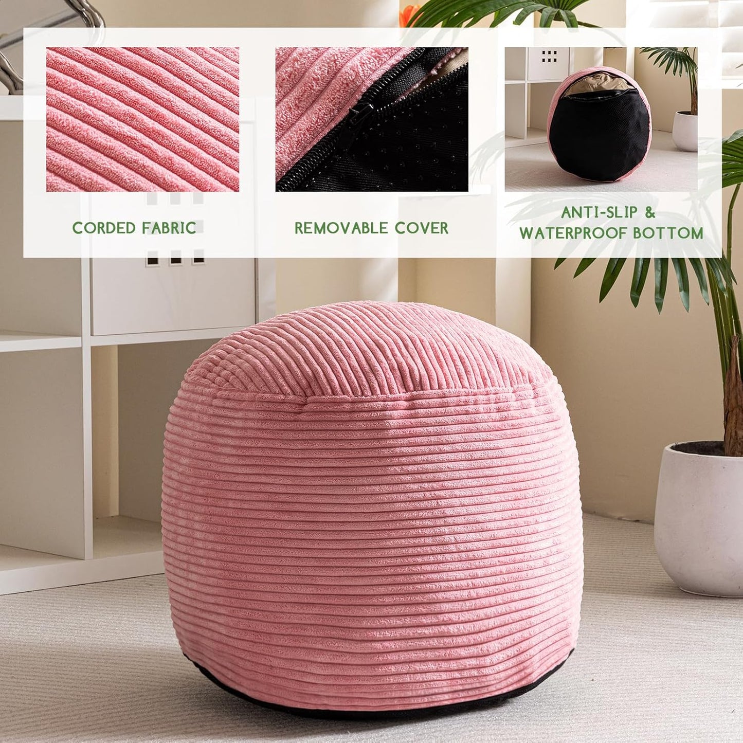 HIGOGOGO Round Stuffed Pouf Ottoman, Corduroy Poufs with Foam Chunk Filling, Furry and Fluffy Pouf Foot Stool Storage Ottoman, 20 X 15 Floor Poufs Foot Rest for Living Room, Pink