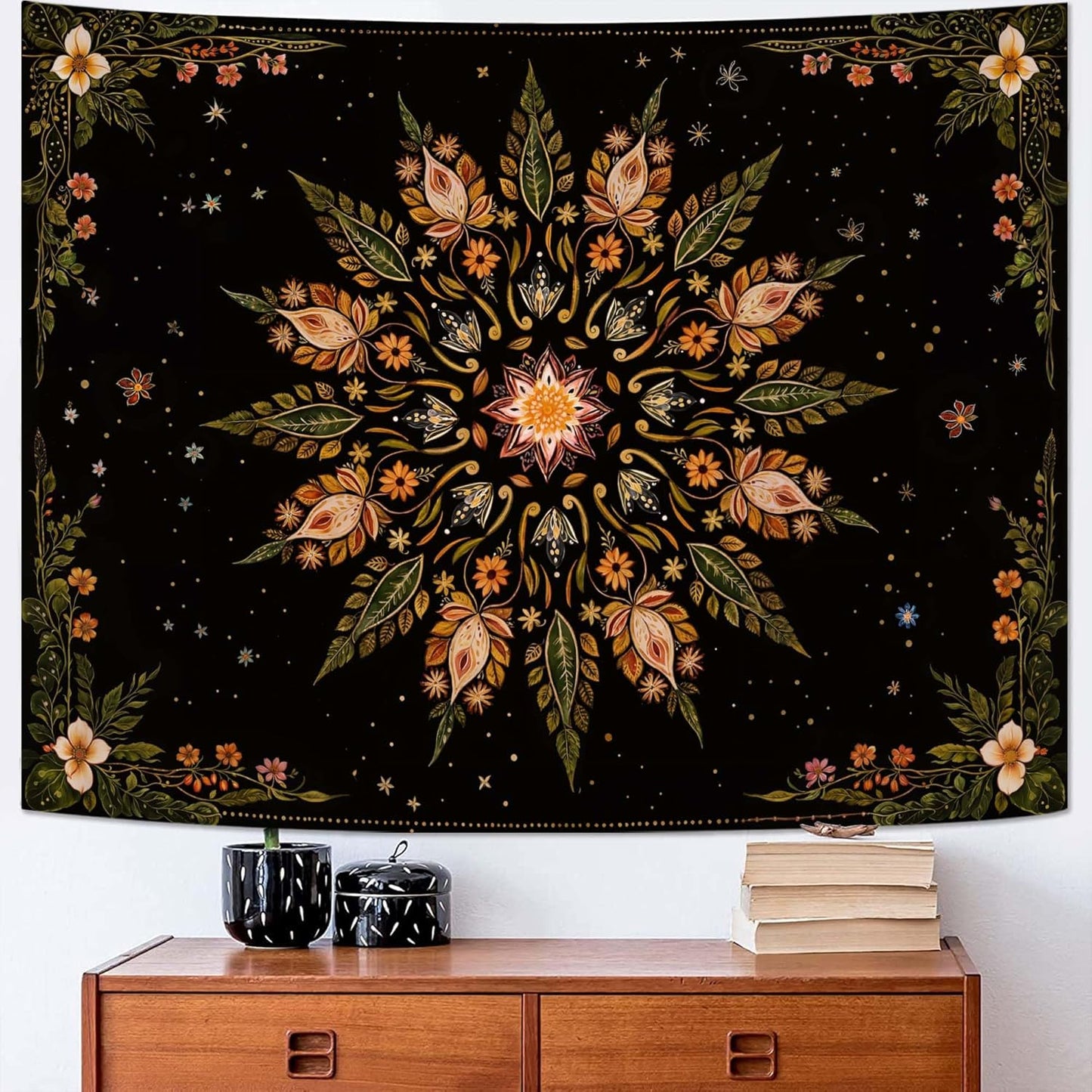 Fowocu Boho Floral Mandala Tapestry for Bedroom Aesthetic Vintage Bohemian Flower Wall Tapestry Black Green Hippie Indian Small Tapestries Wall Hanging for Living Room Dorm Decor 48 x 36 Inch