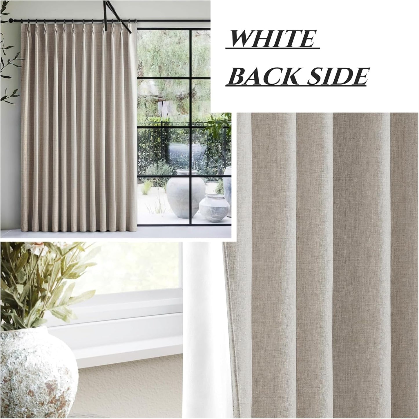 Linen Curtains 120 Inches Long for Bedroom, Ceiling Mount Track Curtains with Back Tab Pinch Pleated Blackout Drapes for Sliding Glass Patio Doors Inside 10 ft Large Window Farmhouse 2 Panels