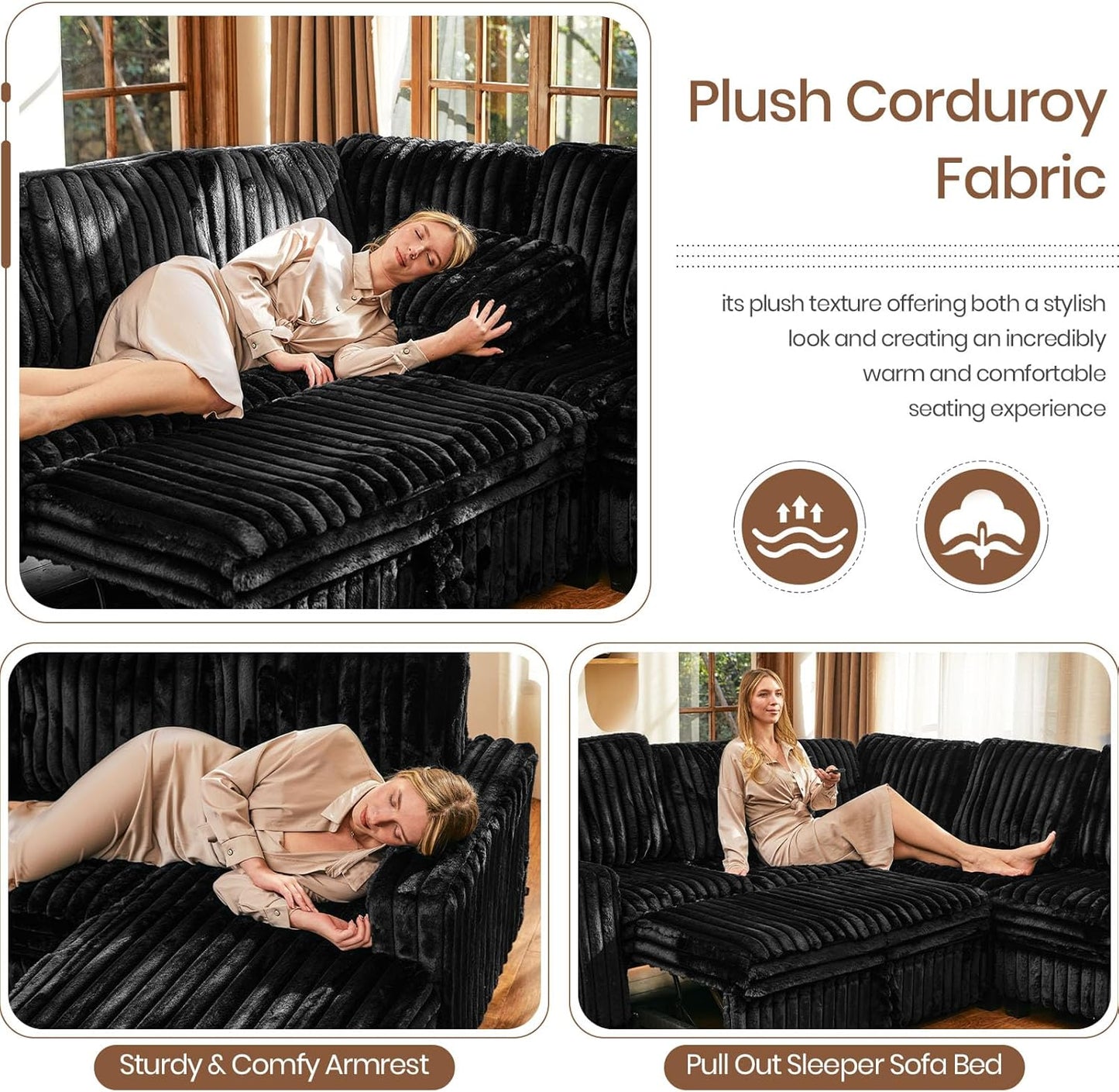 Belffin Oversized Sofa Bed Modular Sectional Sleeper Sofa with Pull Out Bed L Shaped Couch with Storage Chaise Black Couch