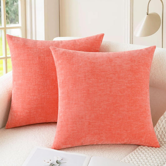 CaliTime Throw Pillow Covers Decorative 18 X 18 Inches Pack of 2 Cozy Chenille Cushion Cases for Couch Sofa Bed Living Room Home Living Coral