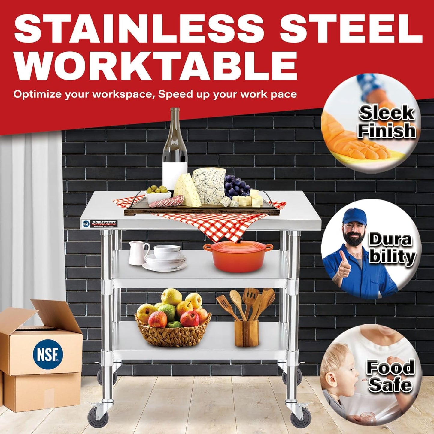 DuraSteel Stainless Steel Work Table 24" x 36" x 34" Height w/ 4 Caster Wheels - Food Prep Commercial Grade Worktable - NSF Certified - Good for Restaurant, Business, Warehouse, Home, Kitchen, Garage