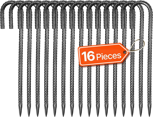 VEVOR Rebar Stakes, 12-Inch, Heavy-Duty 0.4 in Diameter J Hook, Galvanized Steel Ground Anchors with Chisel Point End & Rust-Resistant Coating, for Gardening Support, Fence, Camping Tents (16-Pack)