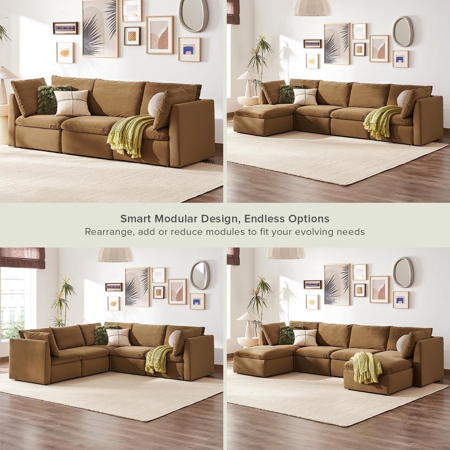 mopio Oversized Modular Sectional Sofa with Fully Removable Covers and Storage, Convertible U, L-Shaped and Sleeper Sectional, Modern Couches with Ottoman Chaise (Hazelnut Velvet, 3 Seater)