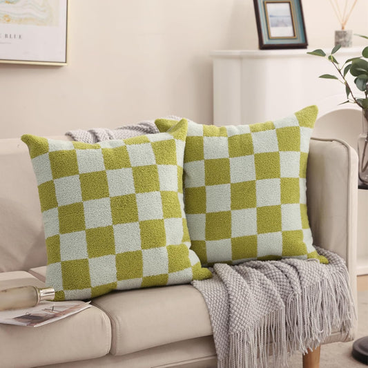 Alysheer Checkered Embroidered Decorative Throw Pillow Covers 18"x 18" Set of 2, Farmhouse Cottage Blue Green Designer Plaid Patterned Cotton Accent Cushion Case for Sofa Couch Bed Living Room