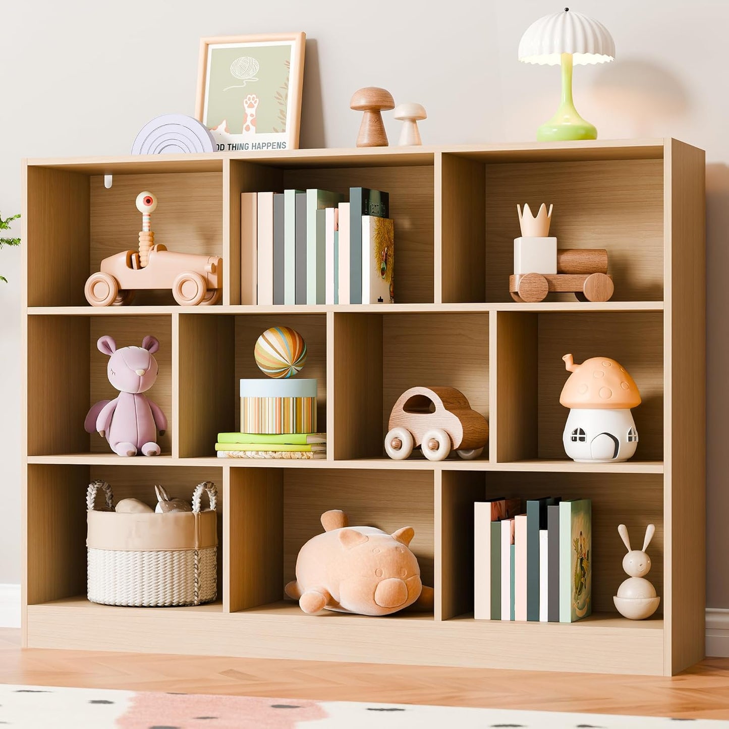 Cozy Castle Oak Bookshelf, 3-Tier Open Shelf Bookcase, 10 Cube Storage Organizer with Anti-Tilt Device for Bedroom, Living Room, 55.11" W x 11.61“D x 40.94“H