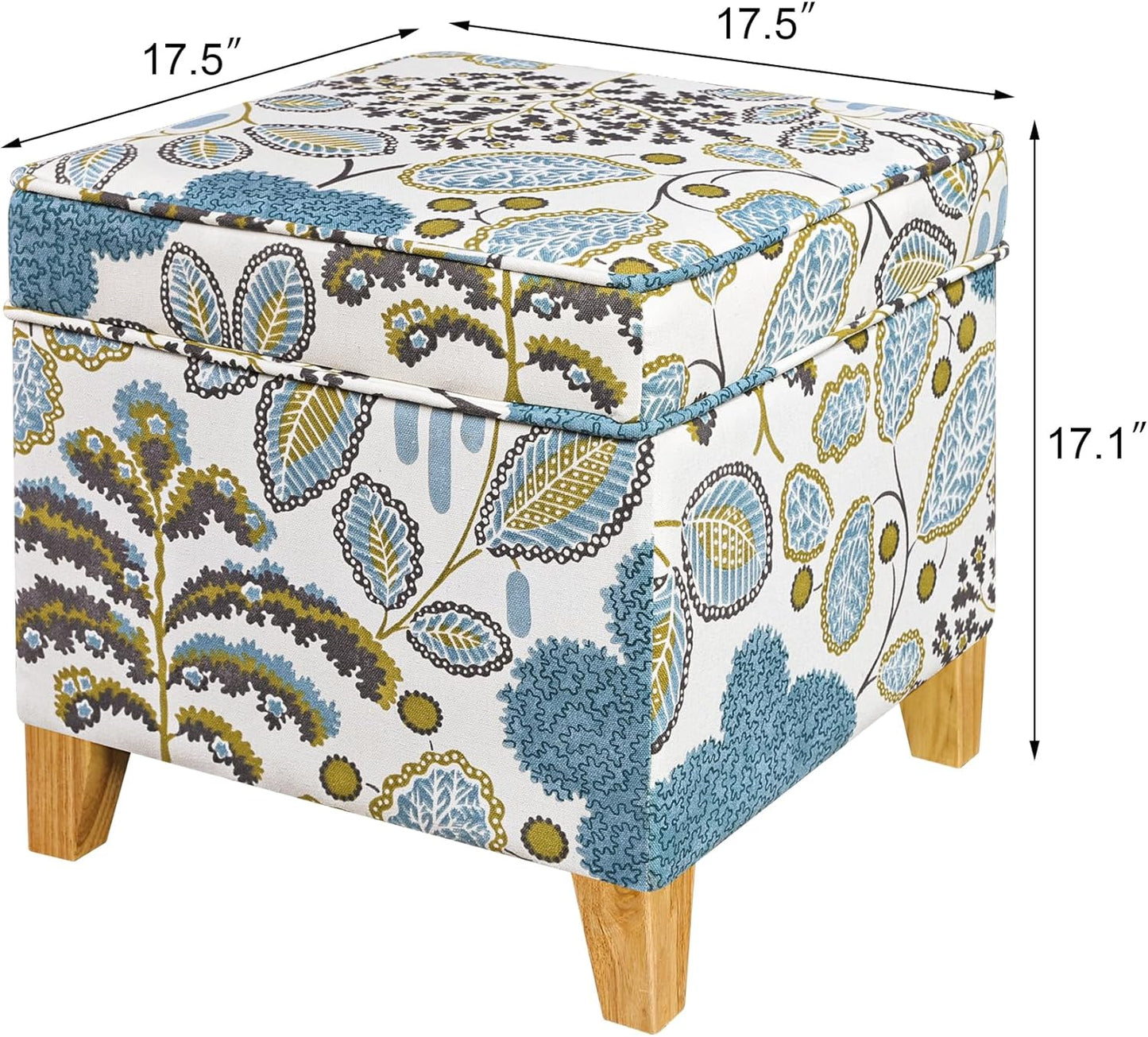 Adeco 18 Inch High Cube Ottoman Storage, Linen Chair Foot Stools, Upholstered Vanity Stool with Hinged Lid, Solid Wood Legs (Blue Leaves)
