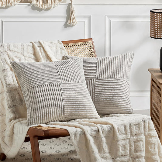 Fancy Homi 2 Packs Neutral Grey Decorative Throw Pillow Covers 16x16 Inch for Living Room Couch Bed, Rustic Farmhouse Boho Home Decor, Soft Corss Patchwork Corduroy Textured Square Cushion Case 40cm