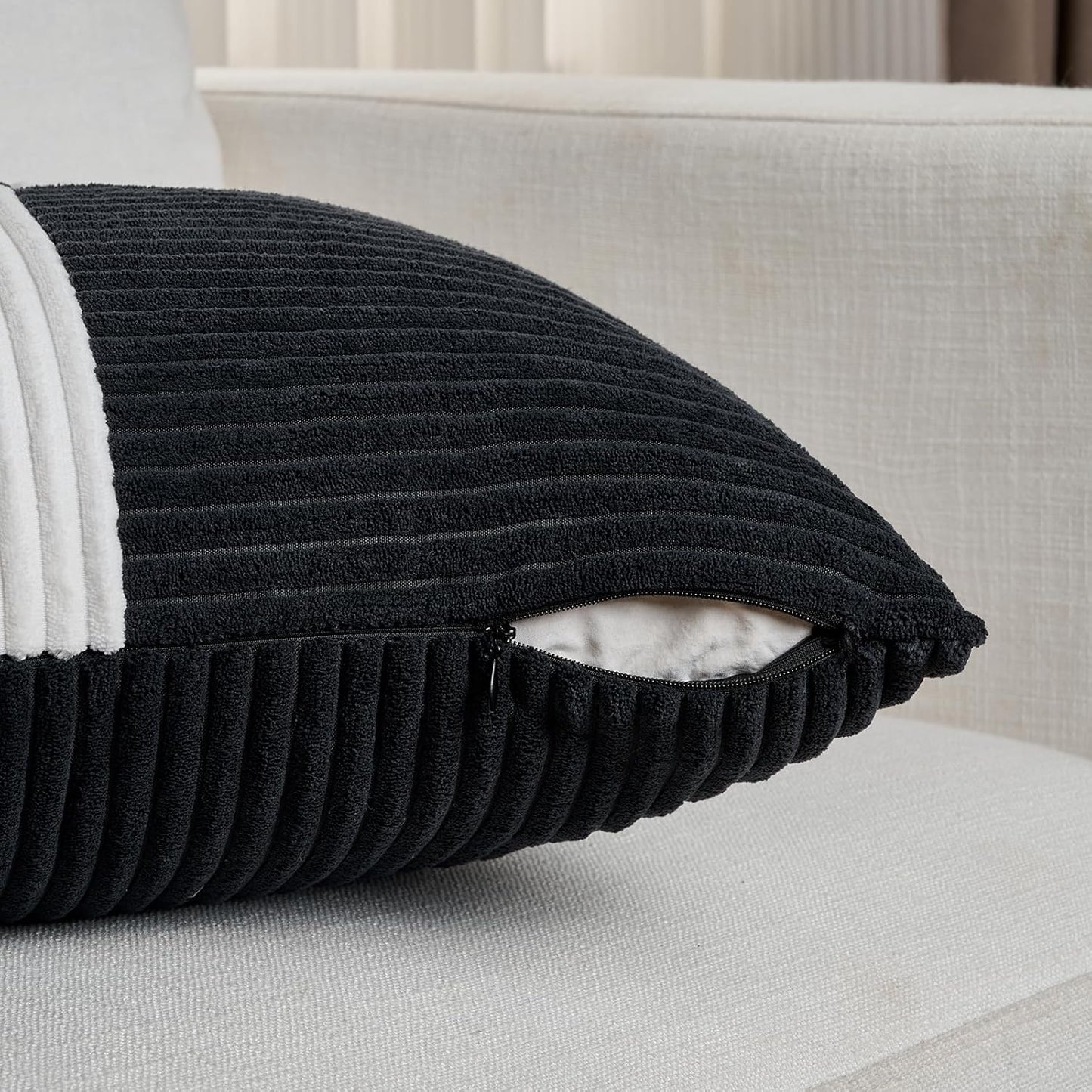 Fancy Homi Set of 2 Black White Euro Decorative Throw Pillow Covers 28x28 Inch for Bedroom Couch Bed, Farmhouse Boho Home Decor, Soft Cross Corduroy Patchwork Textured Square Cushion Case 71x71 cm