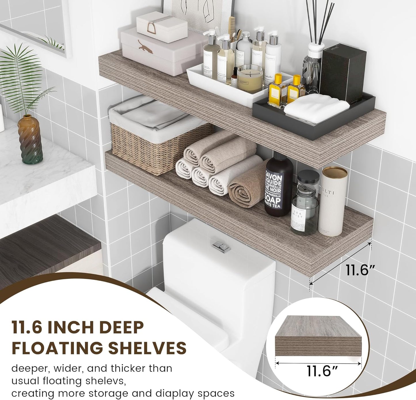 Deep Floating Shelves for Wall, 36W x 12D Rustic Large Floating Shelves Set of 2, 12'' Deep Grey Wood Floating Shelves for Living Room Bathroom Laundry Room Bedroom Kitchen Home Office - Grey