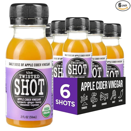 The Twisted Shot | Apple Cider Vinegar Wellness Shots with Honey, Cinnamon, Ginger and Turmeric | Digestion, Immunity and Gut Health Support | Ready to Drink Shots | 100% Organic | 6, 2 fl oz Shots