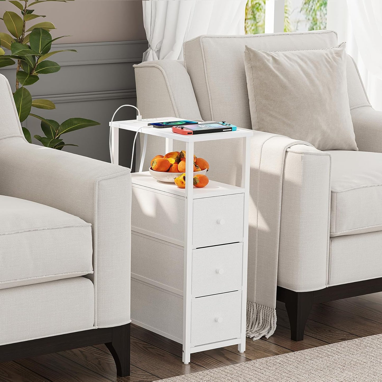 TUTOTAK Narrow Night Stand with Charging Station, Slim End Table with Plugins, Tall Side Table with 3 Fabric Drawer, Small Bedside Table with Storage, Set of 2, Living Room, Bedroom, White TB01BW073