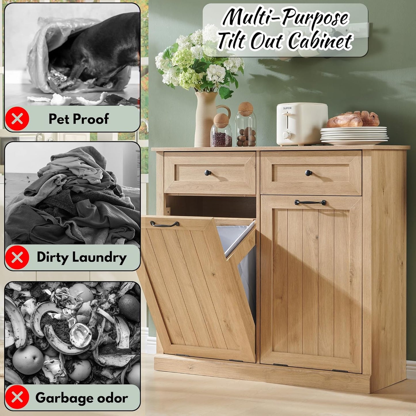 Double Tilt Out Laundry Hamper Cabinet, 20 Gallon Farmhouse Trash Can Cabinet with Drawer, Hidden Wood Garbage Can Bin Cabinets with Laundry Storage Basket for Bathroom, Kitchen (Natural)