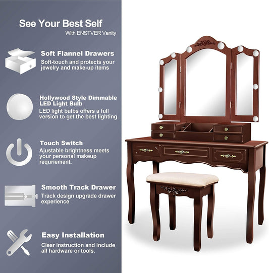 ENSTVER Vintage Vanity Desk with Mirror and Lights, Tri-Folding Mirrors, 6 Organization 7 Drawers Makeup Dress Vanity Table with Cushioned Stool-Espresso