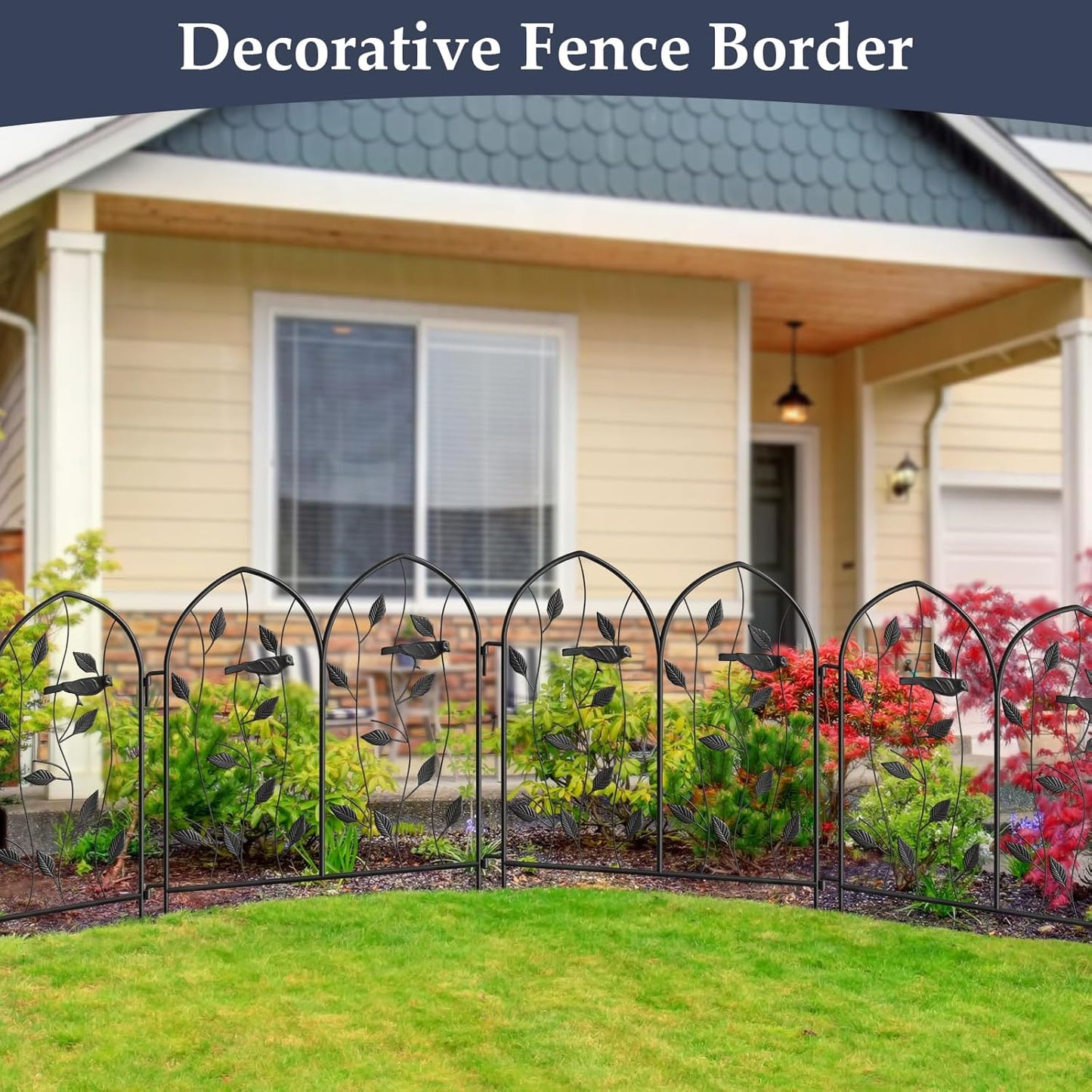 Decorative Garden Fence 4 Pack - 24in(H) x 10Ft(L), Metal Garden Fencing Panel, Landscape Pathway Edge Iron Picket Fence Panels (Balck)