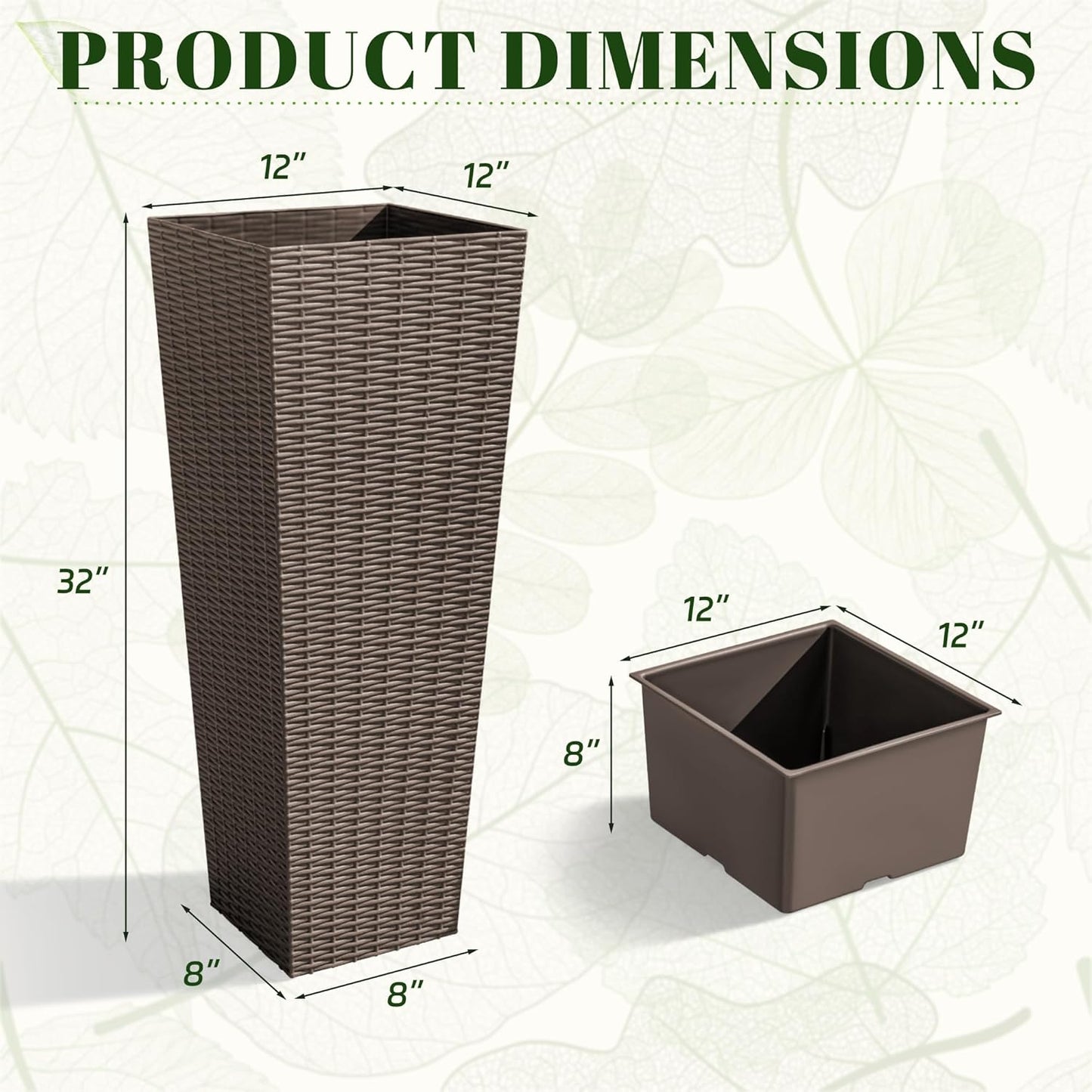 JUMMICO Set of 2 Resin Rattan Tall Planters for Outdoor Plants, Large Tapered Planters with Drainage Holes&Inner Trays, Flower Pots for Garden, Patio, Porch, Backyard (Brown, 32'')