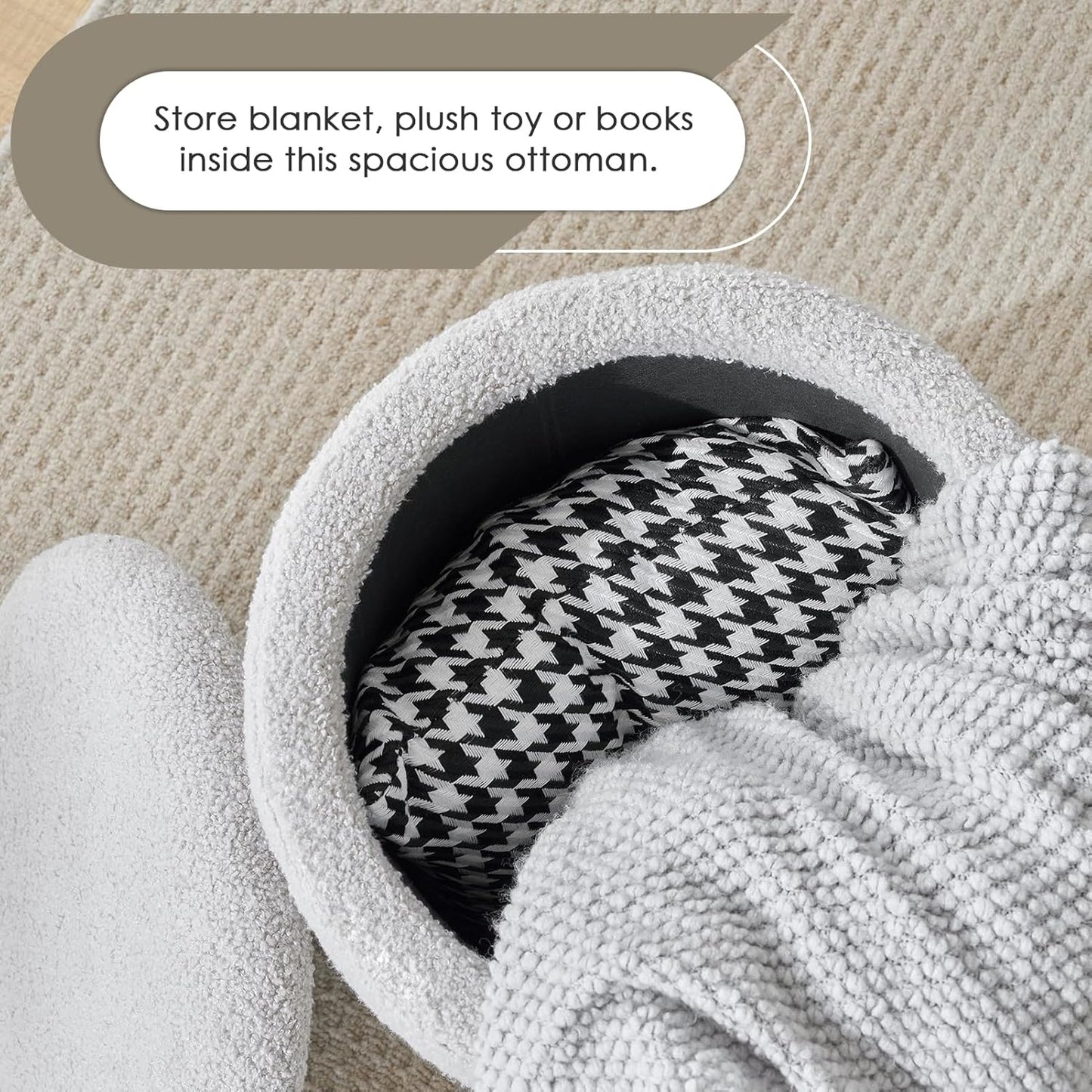 YFO Round Ottoman with Removable Lid Upholstered, Multifunctional Vanity Chairs for Makeup, Soft Footrest Stool Ottoman Foot Stool for Living Room, Bedroom, Boucle, Grey