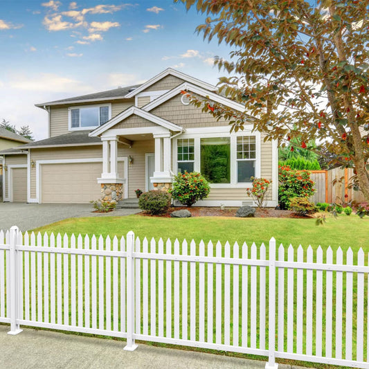 Patio 7 Sets Vinyl Picket Fence Panels 36" H x 84" W White PVC Decorative Fence for Front Yard Porch Patio Deck Pool Air Conditioner Fence Safety Dog Fence (34 Pickets, Straight)