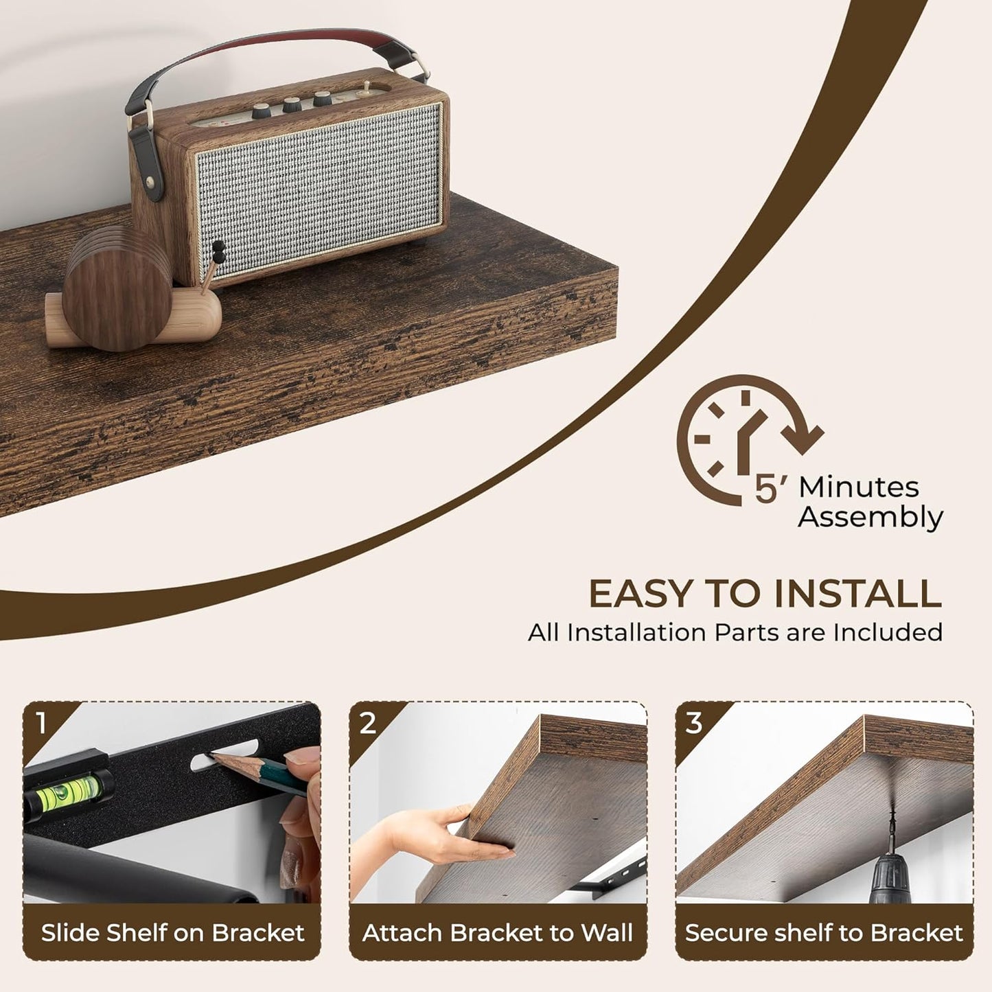 RICHFOCUS 55Inch Floating Shelves for Wall 2 Pack Shelves for Bedroom|Kitchen|Bathroom Wall Mounted Rustic Wood Floating Shelf with Invisible Brackets for Books|Storage|Decor, Rustic Brown