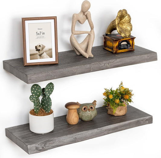 Floating Shelves for Wall, 24"x9.3" Rustic Solid Live-Edge Elm Wood Wall Shelves, Heavy-Duty Floating Shelves with Invisible Brackets, Set of 2 for Living Room, Bedroom, and Kitchen, Grey Finish