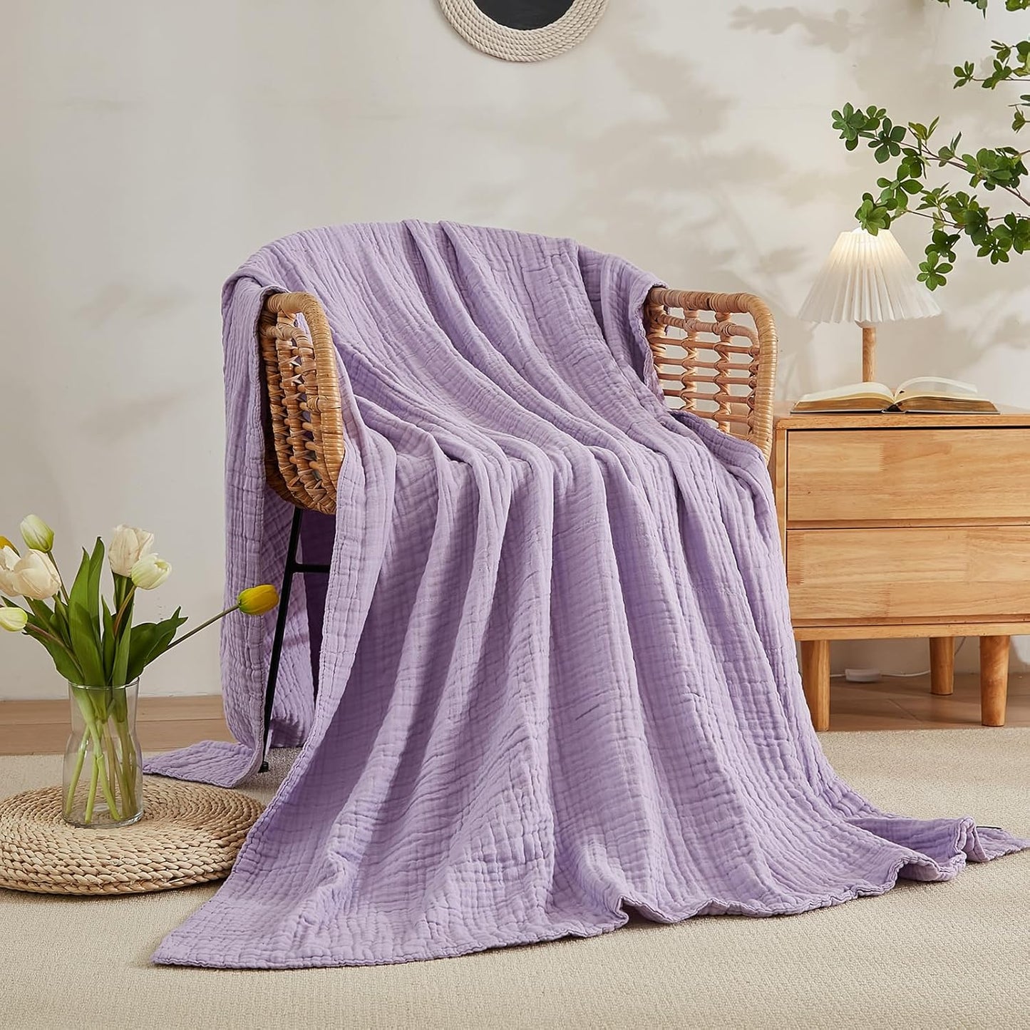 EMME Cotton Throw Blanket for Couch Soft Airy Muslin Bed Blankets Lightweight Breathable Blanket All Season Gauze Blanket, Lavender