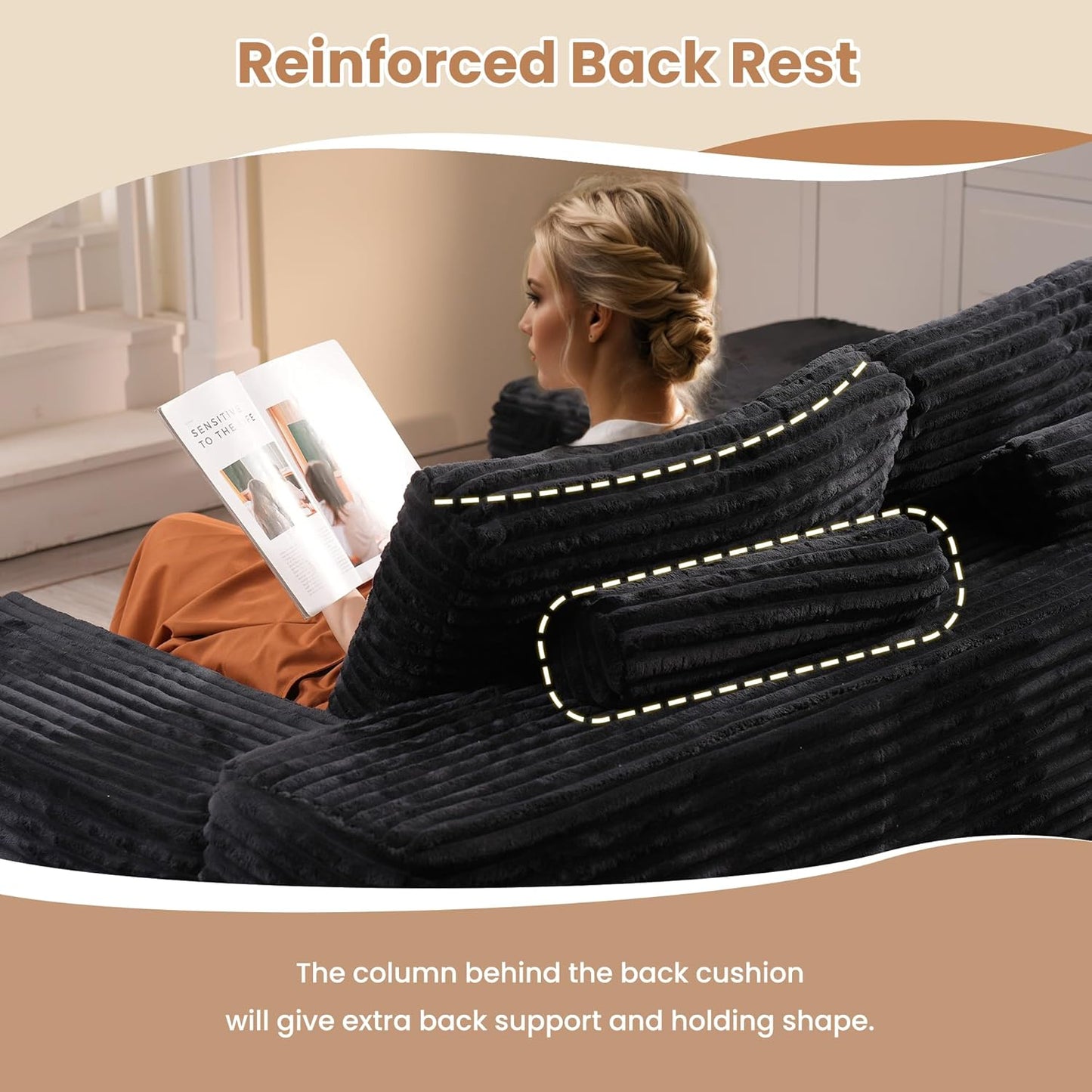 HOOOWOOO Cloud Sectional Couches for Living Room,Modular Sectional Sofa No Assembly,136X108 Inch Plush Corduroy Large U Shaped Floor Couch Set with Deep Seat Ottoman(Black)