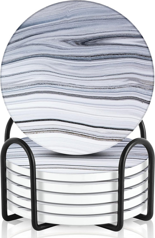 Emerson Coasters for Drinks Absorbent – Natural Stone Drink Coasters Set with Holder, Coasters for Coffee Table, Wooden Tabletop Protection Marble Style – 100% Heavy Duty Set of 6 (Sea)